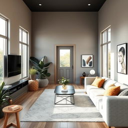 a rectangular aesthetic living room featuring a back door, with stylish decor, comfortable seating, and ample natural light streaming in through large windows, accent plants, and modern artwork on the walls