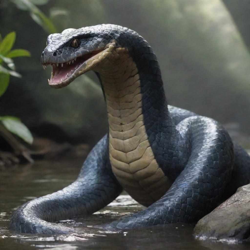 A ten-meter high snake creature with four muscular limbs, each ending in sharp, clawed talons. It resides in a tranquil river, its mouth lined with razor-sharp teeth gleaming menacingly.