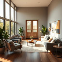 a rectangular aesthetic living room featuring a back door, with stylish decor, comfortable seating, and ample natural light streaming in through large windows, accent plants, and modern artwork on the walls