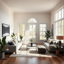 a rectangular aesthetic living room featuring a back door, with stylish decor, comfortable seating, and ample natural light streaming in through large windows, accent plants, and modern artwork on the walls