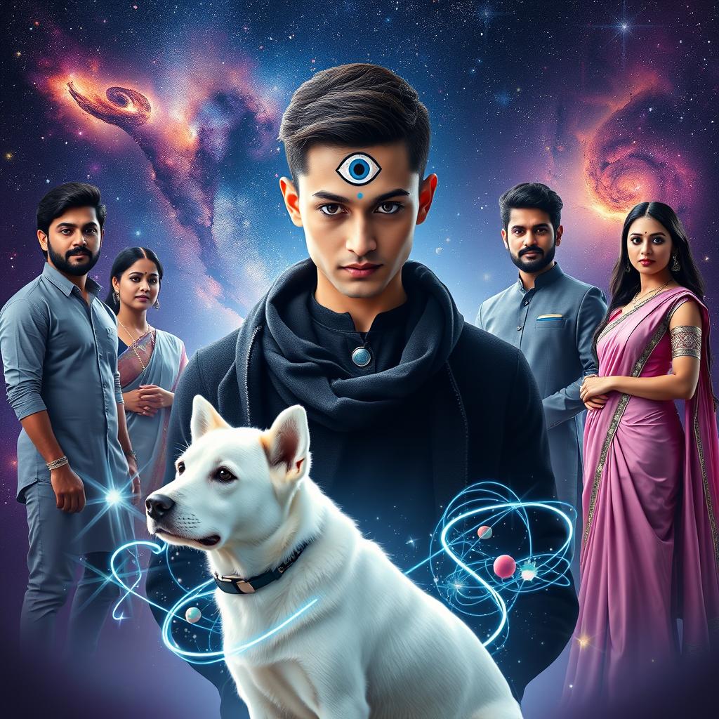 A cinematic magical poster featuring a 27-year-old male with very short hair and completely black eyes, wearing a black shrug adorned with a picture of a third eye on his forehead