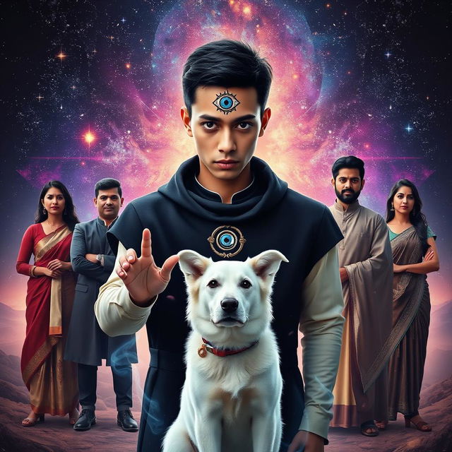 A cinematic magical poster featuring a 27-year-old male with very short hair and completely black eyes, wearing a black shrug adorned with a picture of a third eye on his forehead