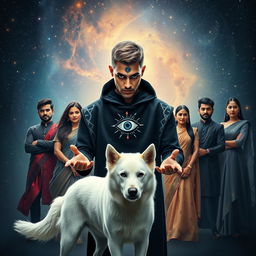 A cinematic magical poster featuring a 27-year-old male with very short hair and completely black eyes, wearing a black shrug adorned with a picture of a third eye on his forehead