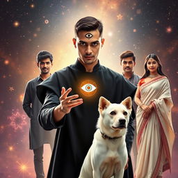 A cinematic magical poster featuring a 27-year-old male with very short hair and completely black eyes, wearing a black shrug adorned with a picture of a third eye on his forehead