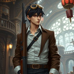 A realistic male character in a Dungeons & Dragons inspired steampunk setting, with short black hair and intense dark red eyes