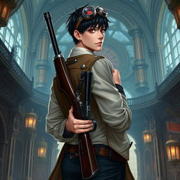 A realistic male character in a Dungeons & Dragons inspired steampunk setting, with short black hair and intense dark red eyes