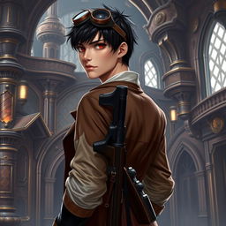 A realistic male character in a Dungeons & Dragons inspired steampunk setting, with short black hair and intense dark red eyes