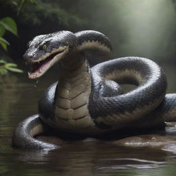 A ten-meter high snake creature with four muscular limbs, each ending in sharp, clawed talons. It resides in a tranquil river, its mouth lined with razor-sharp teeth gleaming menacingly.