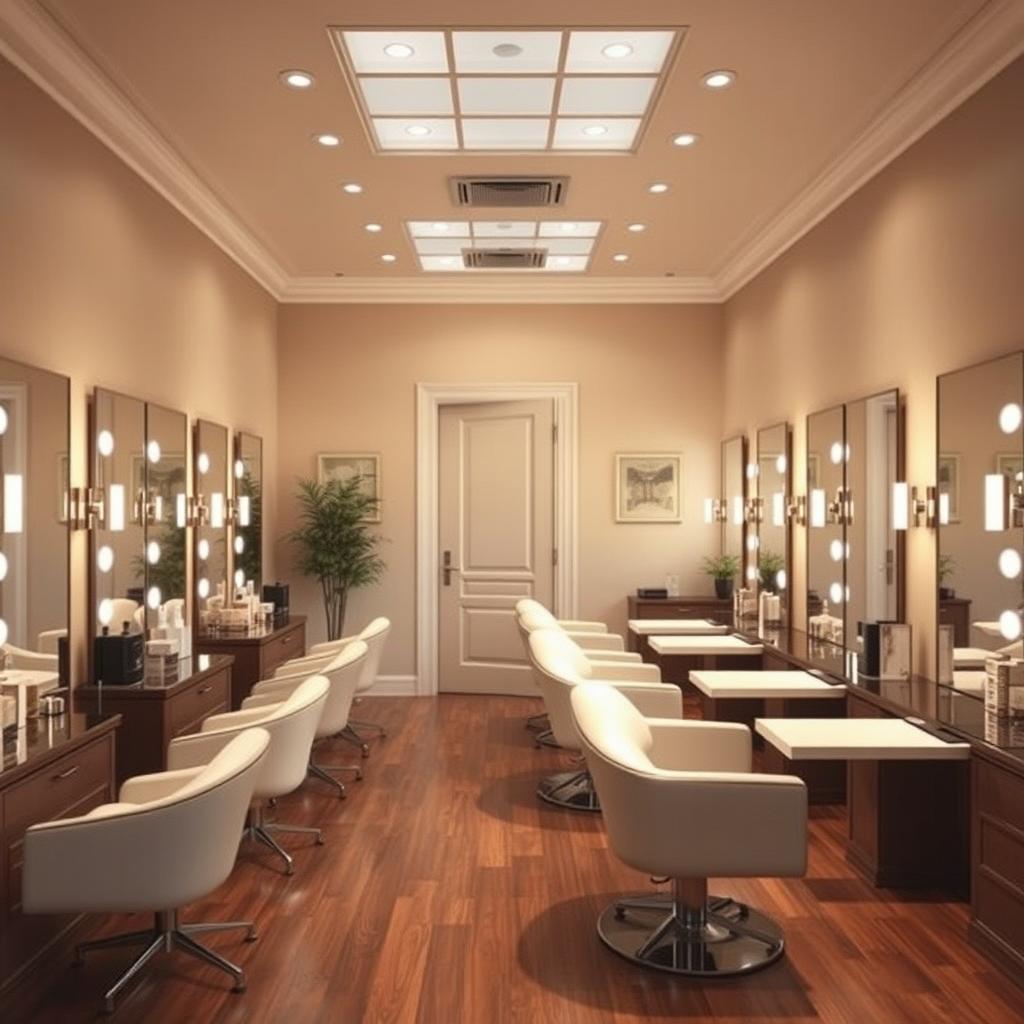 a rectangular beauty salon featuring a door in the background, elegantly designed with stylish furniture, mirrors along the walls, beauty treatment stations, and warm lighting creating an inviting atmosphere