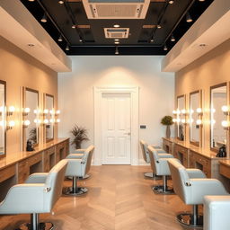 a rectangular beauty salon featuring a door in the background, elegantly designed with stylish furniture, mirrors along the walls, beauty treatment stations, and warm lighting creating an inviting atmosphere