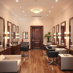 a rectangular beauty salon featuring a door in the background, elegantly designed with stylish furniture, mirrors along the walls, beauty treatment stations, and warm lighting creating an inviting atmosphere