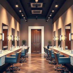 a rectangular beauty salon featuring a door in the background, elegantly designed with stylish furniture, mirrors along the walls, beauty treatment stations, and warm lighting creating an inviting atmosphere