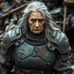 An elderly warrior woman clad in old, tattered, and worn-out armor that tells the story of countless battles