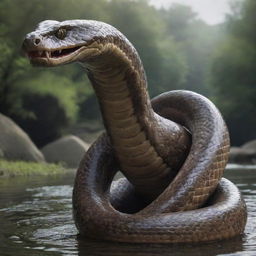 A ten-meter high snake creature with four muscular limbs, each ending in sharp, clawed talons. It resides in a tranquil river, its mouth lined with razor-sharp teeth gleaming menacingly.