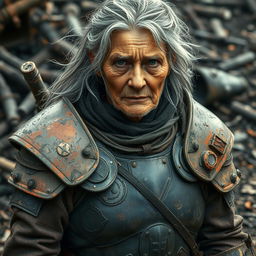 An elderly warrior woman clad in old, tattered, and worn-out armor that tells the story of countless battles