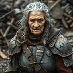 An elderly warrior woman clad in old, tattered, and worn-out armor that tells the story of countless battles