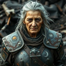 An elderly warrior woman clad in old, tattered, and worn-out armor that tells the story of countless battles