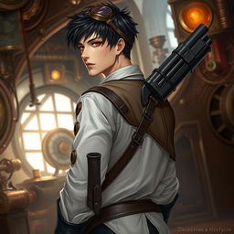 A realistic male character in a Dungeons & Dragons styled steampunk setting, featuring short black hair and intense dark red eyes