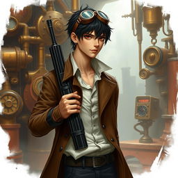 A realistic male character in a Dungeons & Dragons styled steampunk setting, featuring short black hair and intense dark red eyes