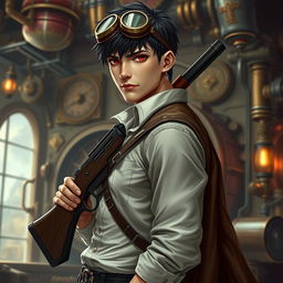 A realistic male character in a Dungeons & Dragons styled steampunk setting, featuring short black hair and intense dark red eyes