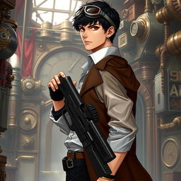 A realistic male character in a Dungeons & Dragons styled steampunk setting, featuring short black hair and intense dark red eyes