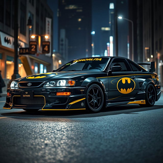 A customized Toyota Altezza designed with a Batman theme, featuring a sleek black exterior with iconic bat symbols, bold yellow accents, and a sporty body kit