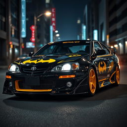 A customized Toyota Altezza designed with a Batman theme, featuring a sleek black exterior with iconic bat symbols, bold yellow accents, and a sporty body kit