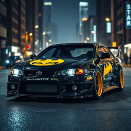 A customized Toyota Altezza designed with a Batman theme, featuring a sleek black exterior with iconic bat symbols, bold yellow accents, and a sporty body kit