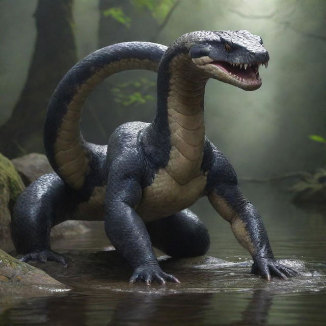 A ten-meter high snake creature with four muscular limbs, each ending in sharp, clawed talons. It resides in a tranquil river, its mouth lined with razor-sharp teeth gleaming menacingly.