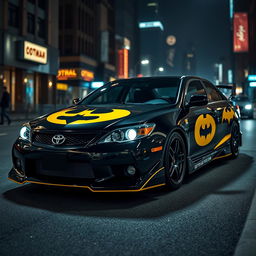 A customized Toyota Altezza designed with a Batman theme, featuring a sleek black exterior with iconic bat symbols, bold yellow accents, and a sporty body kit