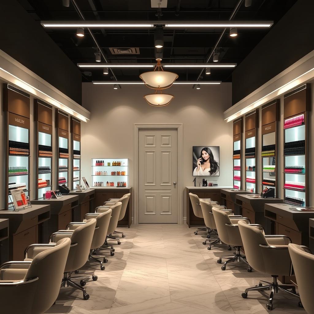 an elongated nail salon featuring a door in the background, designed with elegant manicure stations, comfortable seating, and vibrant nail polish displays, illuminated by soft, welcoming lighting