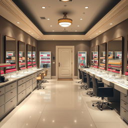 an elongated nail salon featuring a door in the background, designed with elegant manicure stations, comfortable seating, and vibrant nail polish displays, illuminated by soft, welcoming lighting