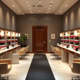 an elongated nail salon featuring a door in the background, designed with elegant manicure stations, comfortable seating, and vibrant nail polish displays, illuminated by soft, welcoming lighting