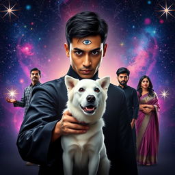 A cinematic magical poster featuring a 27-year-old man with very short hair and completely black eyes, wearing a black shrug that has a third eye design on his forehead