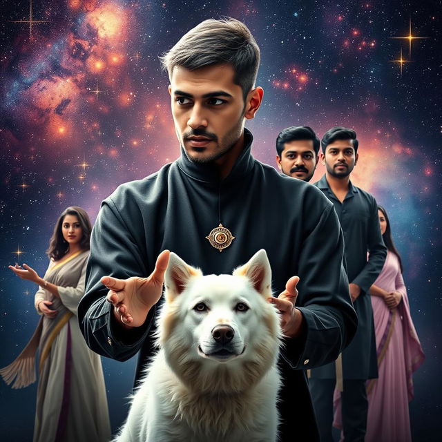 A cinematic magical poster featuring a 27-year-old man with very short hair and completely black eyes, wearing a black shrug that has a third eye design on his forehead