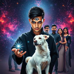 A cinematic magical poster featuring a 27-year-old man with very short hair and completely black eyes, wearing a black shrug that has a third eye design on his forehead