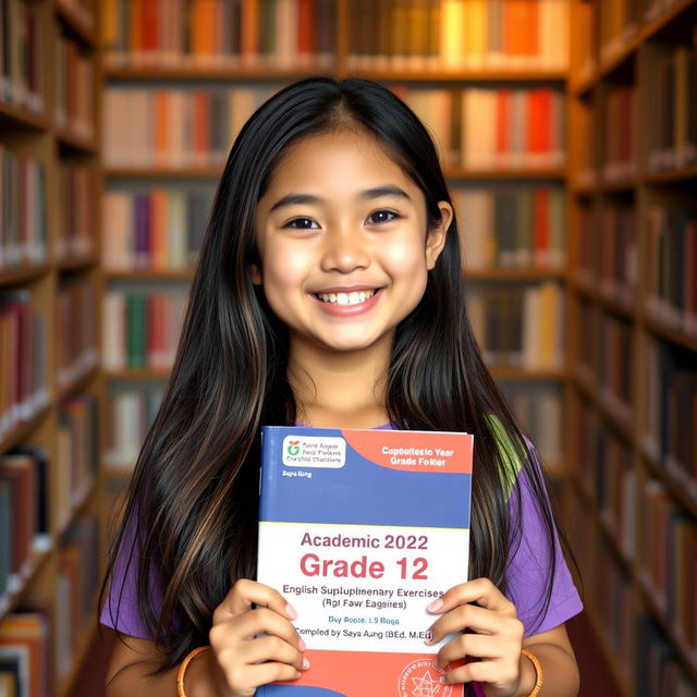 A beautiful, cute, and lovely young girl with a warm smile, holding a book titled '2024-2025 Academic Year Grade 12 [English] Supplementary Exercises Compiled by Saya Aung [B