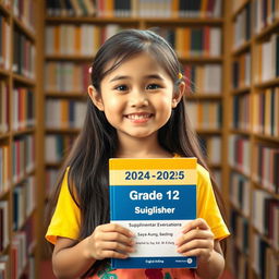 A beautiful, cute, and lovely young girl with a warm smile, holding a book titled '2024-2025 Academic Year Grade 12 [English] Supplementary Exercises Compiled by Saya Aung [B