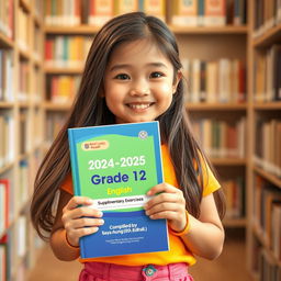 A beautiful, cute, and lovely young girl with a warm smile, holding a book titled '2024-2025 Academic Year Grade 12 [English] Supplementary Exercises Compiled by Saya Aung [B