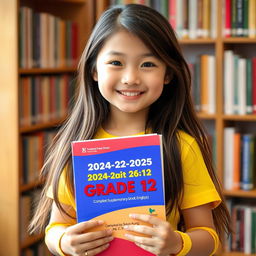 A beautiful, cute, and lovely young girl with a warm smile, holding a book titled '2024-2025 Academic Year Grade 12 [English] Supplementary Exercises Compiled by Saya Aung [B