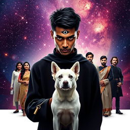 A cinematic magical poster featuring a 27-year-old man with very short hair and a dark complexion, possessing completely black eyes