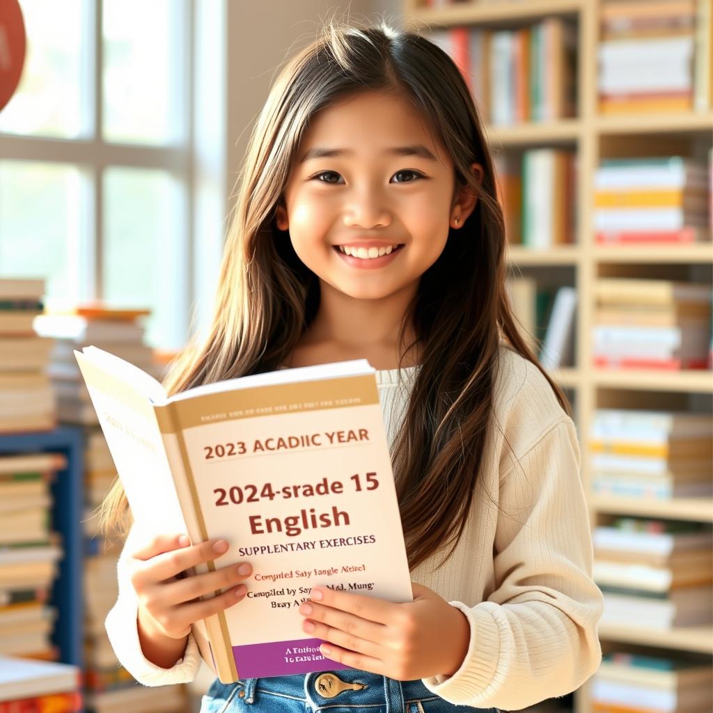 A beautiful and cute girl with a lovely smile, holding a book titled '2024-2025 Academic Year Grade 12 [English] Supplementary Exercises Compiled by Saya Aung [B