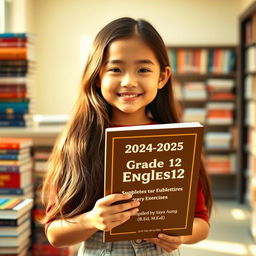 A beautiful and cute girl with a lovely smile, holding a book titled '2024-2025 Academic Year Grade 12 [English] Supplementary Exercises Compiled by Saya Aung [B