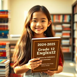 A beautiful and cute girl with a lovely smile, holding a book titled '2024-2025 Academic Year Grade 12 [English] Supplementary Exercises Compiled by Saya Aung [B