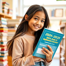 A beautiful and cute girl with a lovely smile, holding a book titled '2024-2025 Academic Year Grade 12 [English] Supplementary Exercises Compiled by Saya Aung [B