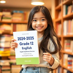 A beautiful and cute girl with a lovely smile, holding a book titled '2024-2025 Academic Year Grade 12 [English] Supplementary Exercises Compiled by Saya Aung [B