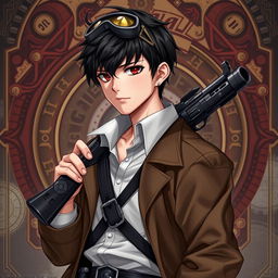 A realistic male character in a Dungeons & Dragons themed steampunk setting, characterized by short black hair and striking dark red eyes