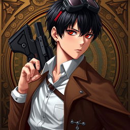 A realistic male character in a Dungeons & Dragons themed steampunk setting, characterized by short black hair and striking dark red eyes