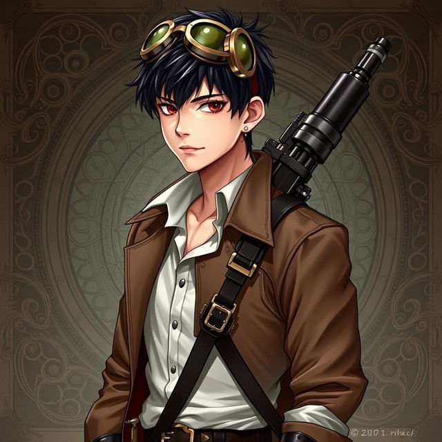 A realistic male character in a Dungeons & Dragons themed steampunk setting, characterized by short black hair and striking dark red eyes