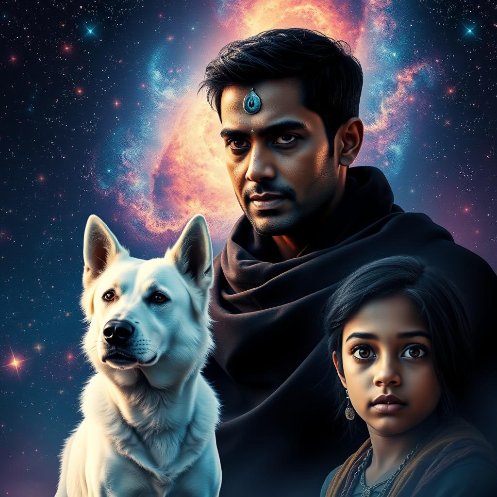 A cinematic magical film poster featuring a 27-year-old Indian man with very short hair and a dark complexion, characterized by completely black eyes